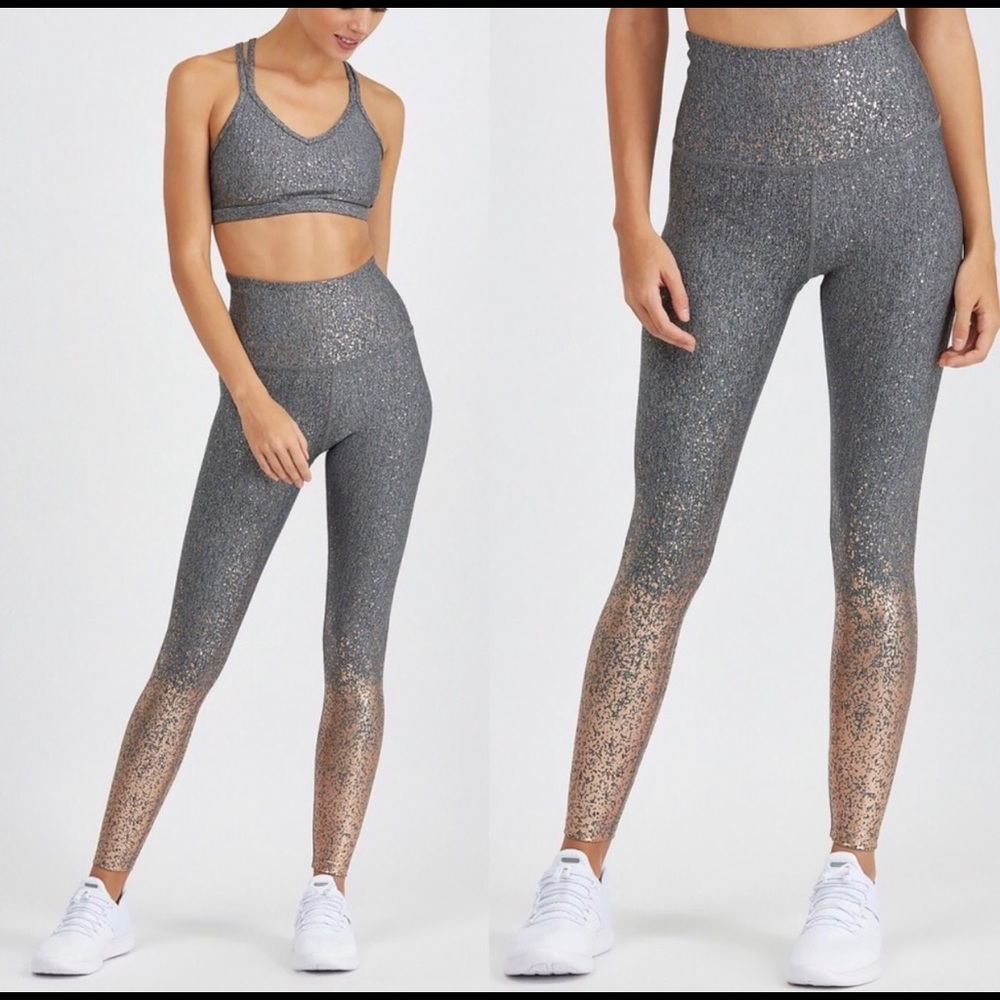 Beyond Yoga Grey and Gold Foil Bra and Leggings